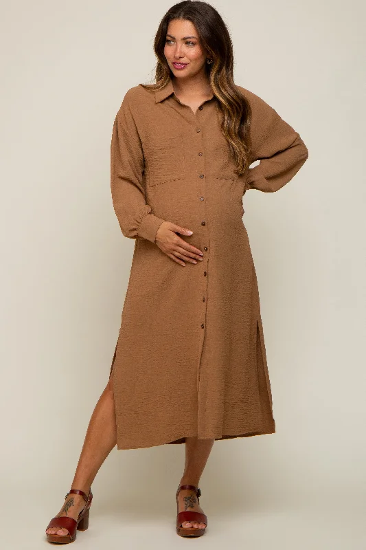 Women's floral dress wink pop -Camel Button Down Collared Maternity Maxi Dress