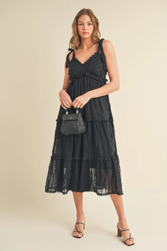 Women's midi dress smooth pop -Black Textured Tie Strap Tiered Midi Dress