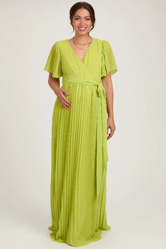 Women's floral dress mesh pop -Lime Chiffon Wrap Front V-Neck Short Sleeve Pleated Maternity Maxi Dress