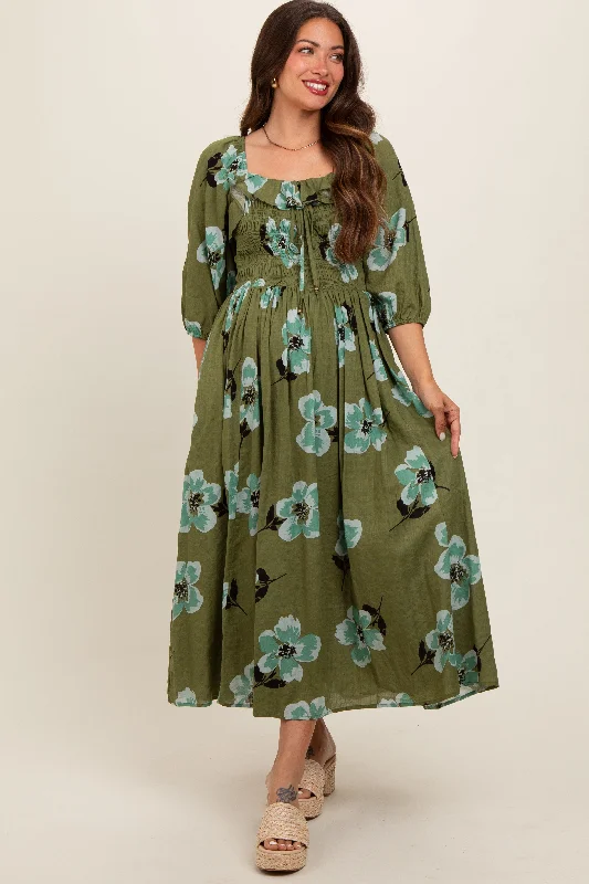 Women's midi dress gleam glow -Olive Floral Smocked Maternity Midi Dress