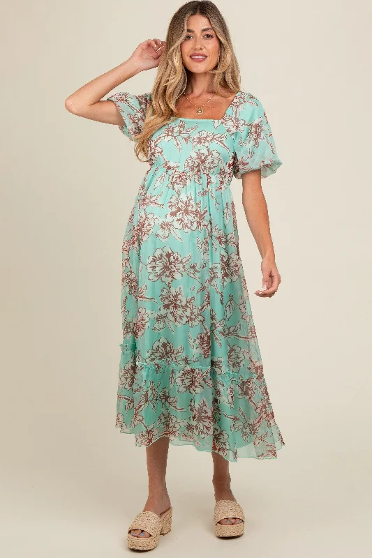 Women's midi dress bump glow -Mint Green Floral Chiffon Ruffle Hem Maternity Midi Dress