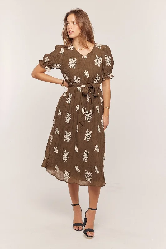 Women's midi dress tall flair -Brown Embroidered Sash Tie Midi Dress