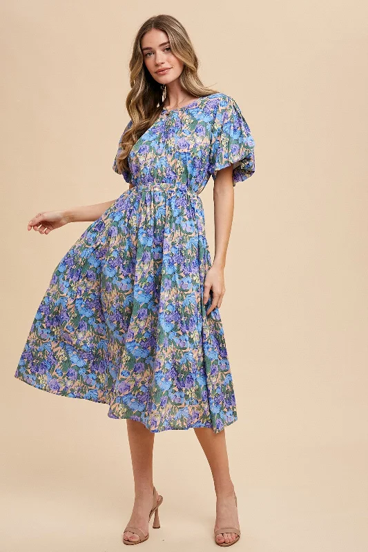 Women's midi dress desk flair -Blue Multi Floral Printed Crew Neck Puff Sleeve Midi Dress