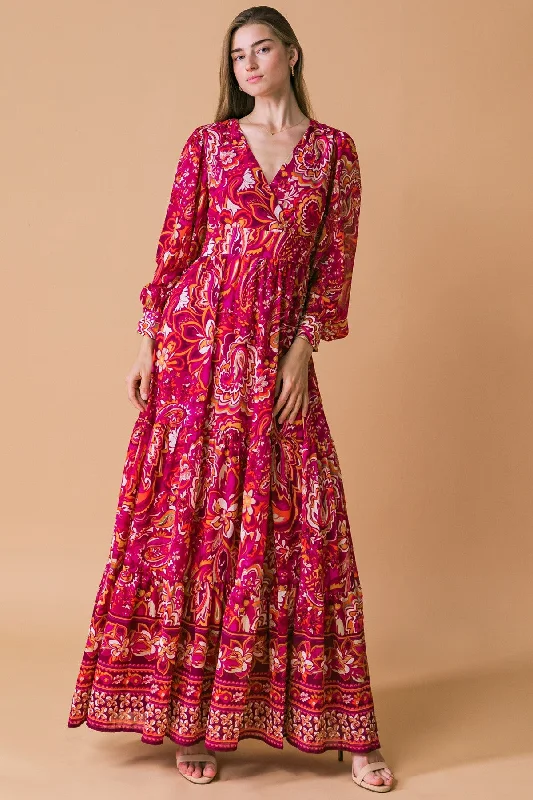 Women's floral dress mini glow -Burgundy Printed Maxi Dress