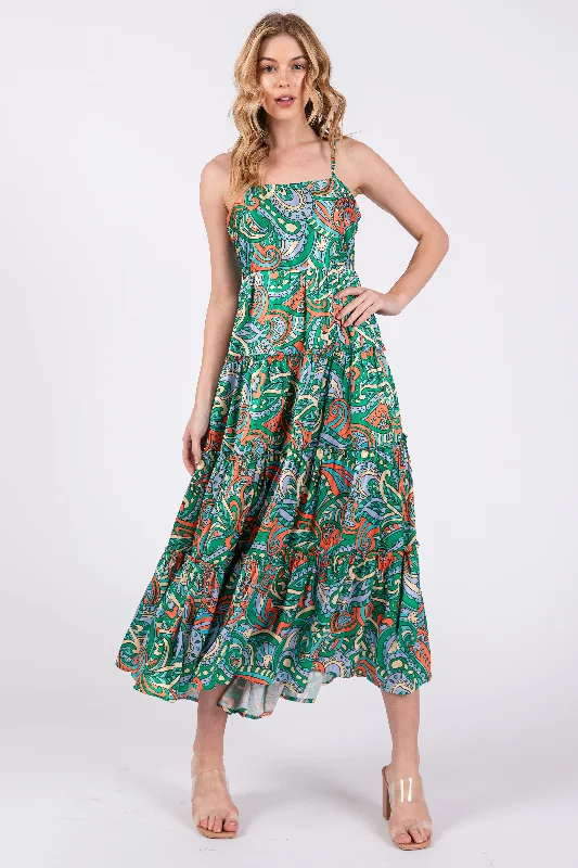 Women's midi dress joy glow -Green Satin Square Neck Ruffle Tiered Midi Dress