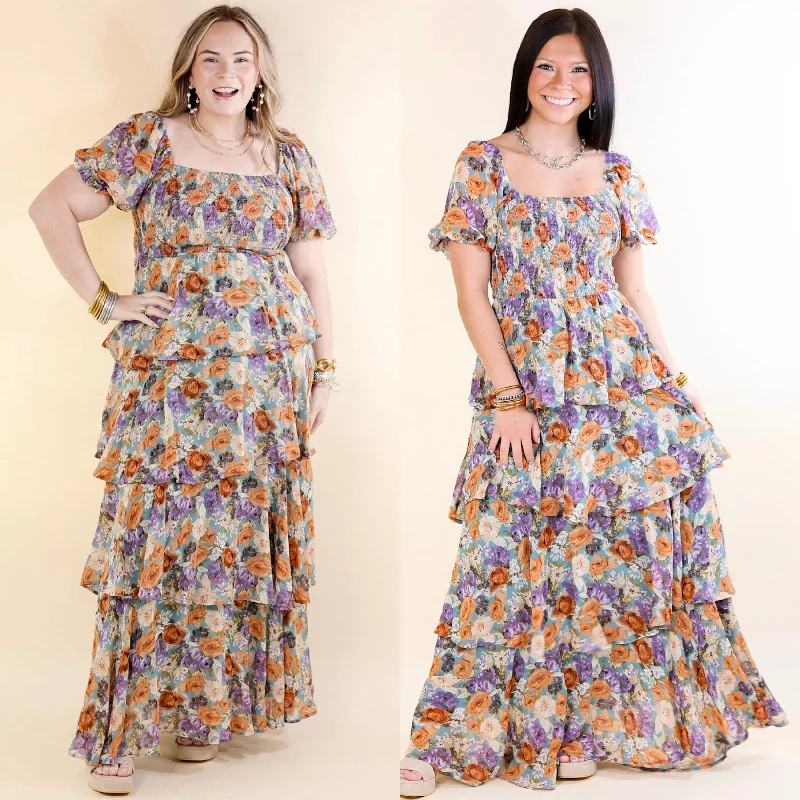 Women's floral dress new bloom -Fun Feeling Floral Tiered Maxi Dress with Smocked Balloon Sleeves in Blue Mix