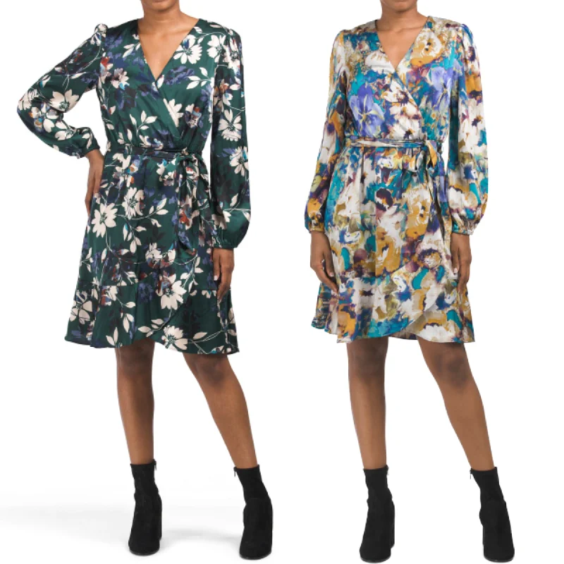 ladies-mini-dress-white-wow-NICOLE MILLER NY Women's Long Sleeve Floral Satin Wrap Style Mini Dress