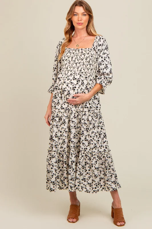 Women's midi dress cotton glow -Cream Smocked Tiered Pocketed Maternity Midi Dress