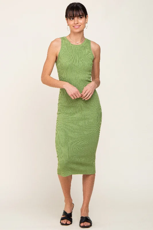 Women's midi dress gentle chic -Light Olive Ribbed Racerback Midi Dress