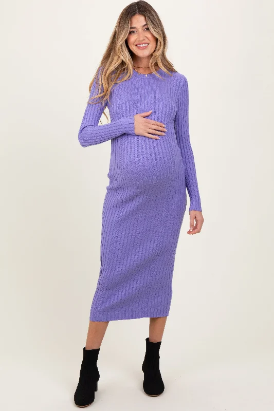 Women's midi dress day glow -Lavender Contrast Ribbed Knit Maternity Midi Dress