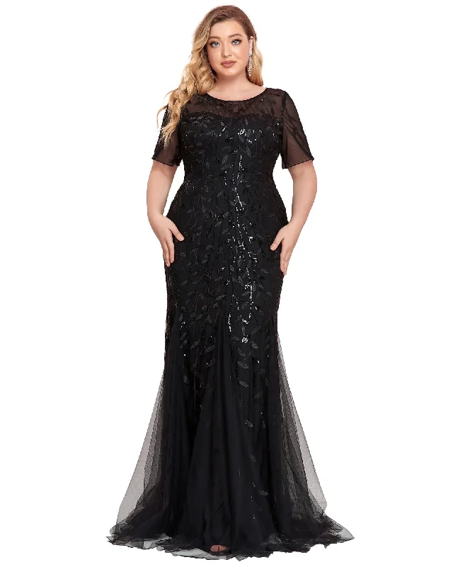 ladies-floral-dress-classic-charm-Floral Sequin Mermaid Tulle Evening Dress | Black