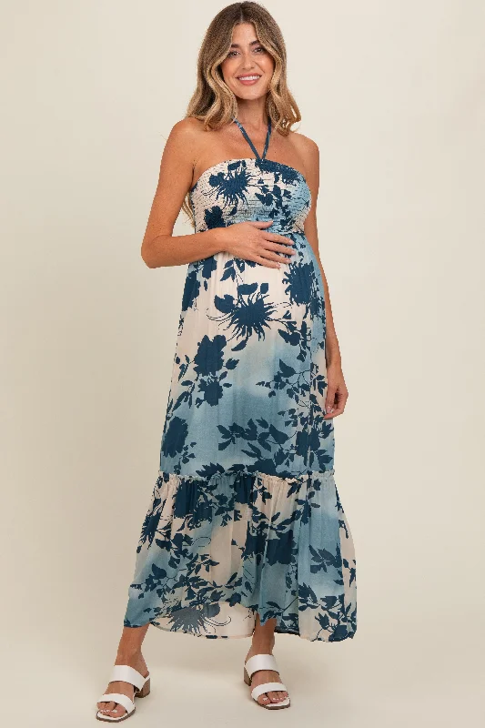 Women's floral dress zesty bloom -Blue Floral Smocked Halter Maternity Maxi Dress