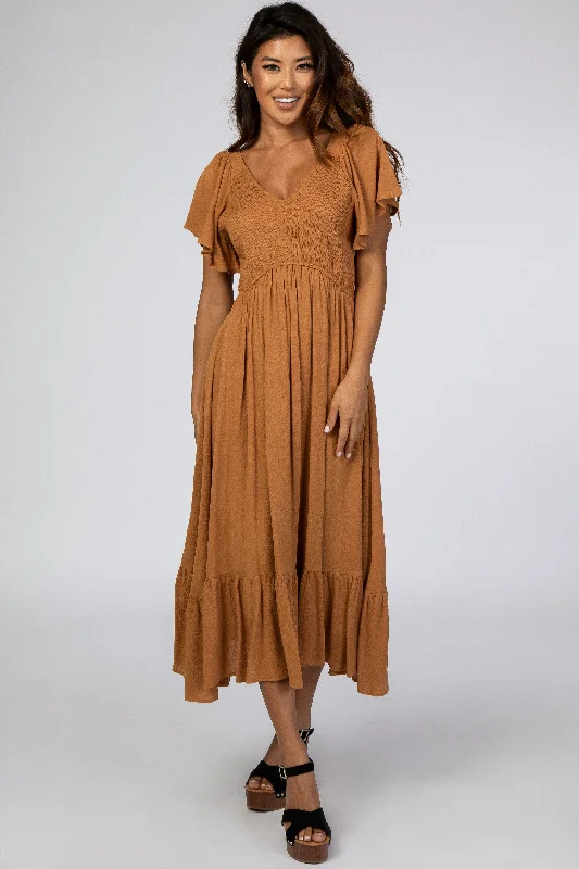 Women's midi dress gleam glow -Camel Smocked V-Neck Midi Dress