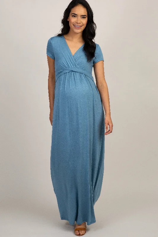 Women's floral dress rise bloom -PinkBlush Blue Draped Maternity/Nursing Maxi Dress