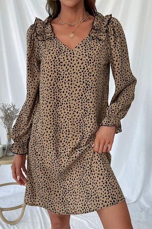 ladies-mini-dress-draped-dare-WOMEN RUFFLE SHOULDER DETAILED LEOPARD MINI DRESS