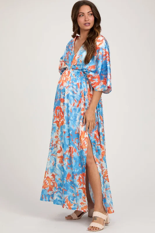 Women's floral dress hand bloom -Blue Floral Satin V-Neck Maternity Maxi Dress