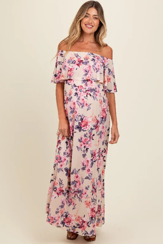 Women's floral dress link flair -Ivory Floral Off Shoulder Maternity Maxi Dress