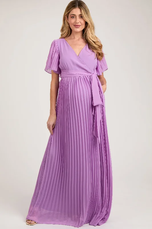 Women's floral dress loud pop -Lavender Chiffon Wrap Front V-Neck Short Sleeve Pleated Maternity Maxi Dress