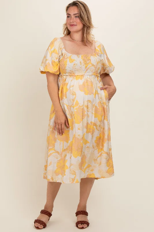 Women's midi dress bright glow -Yellow Floral Square Neck Smocked Short Puff Sleeve Maternity Plus Midi Dress