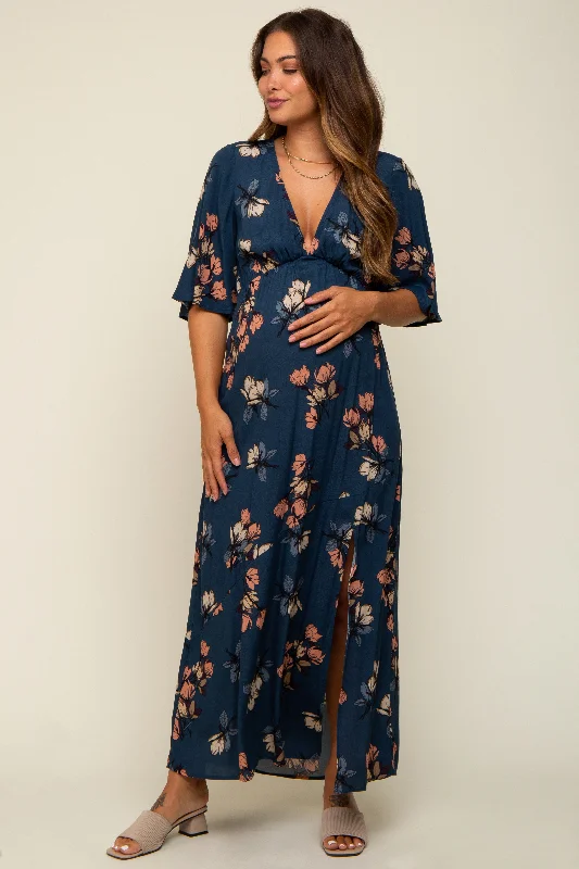 Women's floral dress mesh pop -Dark Teal Floral Deep V-Neck Short Sleeve Front Slit Maternity Maxi Dress