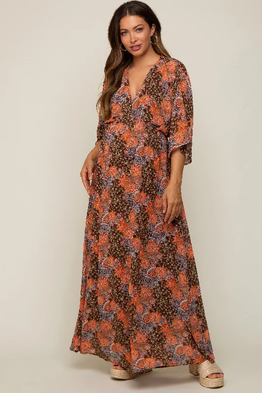 Women's floral dress arc bloom -Brown Floral Paisley Chiffon Maternity Maxi Dress