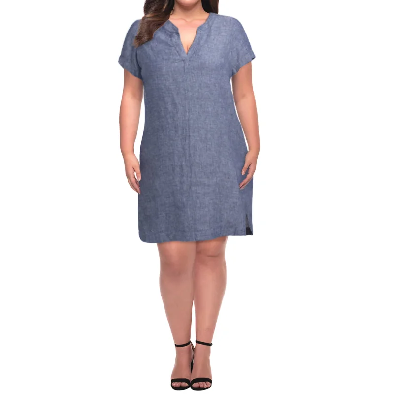 ladies-mini-dress-chiffon-charm-TAHARI Women's Plus Linen Short Sleeve Split Neck Mini Dress