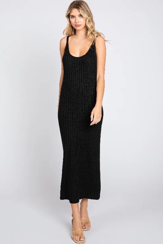 Women's midi dress tidy chic -Black Ribbed Sleeveless Midi Dress