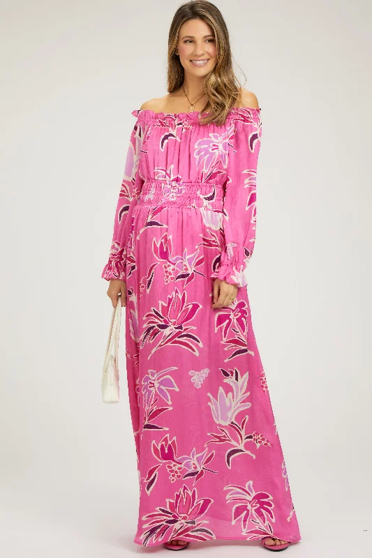 Women's floral dress star pop -Fuchsia Floral Ruffle Neck Maternity Maxi Dress