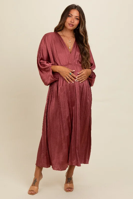 Women's floral dress snag chic -Mauve Satin Pleated V-Neck Maternity Maxi Dress