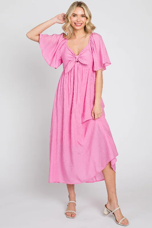 Women's midi dress egg glow -Pink Front Tie Ruffle Sleeve Midi Dress