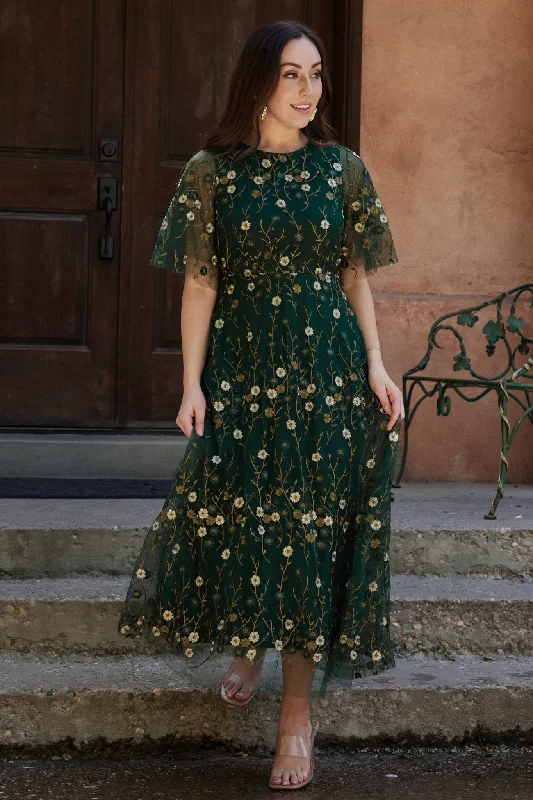 ladies-floral-dress-spring-sprout-Arabella Embroidered Tulle Maxi Dress | Dark Green Floral