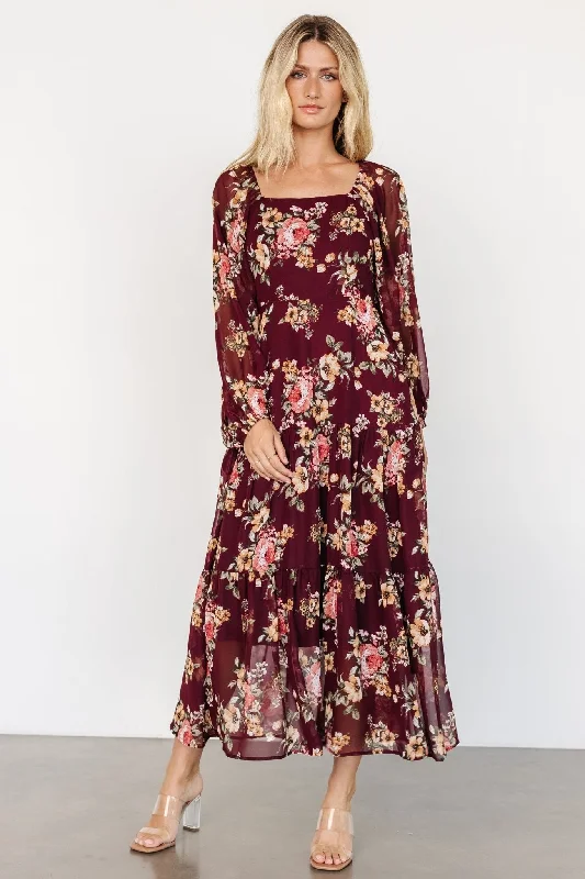 ladies-floral-dress-cold-shoulder-cherry-Kristy Maxi Dress | Wine Floral