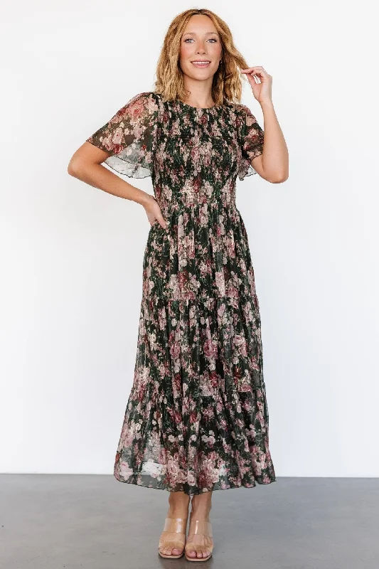 ladies-floral-dress-high-waist-hush-Mara Embroidered Tulle Dress | Dark Green + Blush Floral