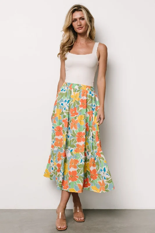 ladies-floral-dress-puff-sleeve-petal-Nika Tiered Skirt | Orange + Blue Floral