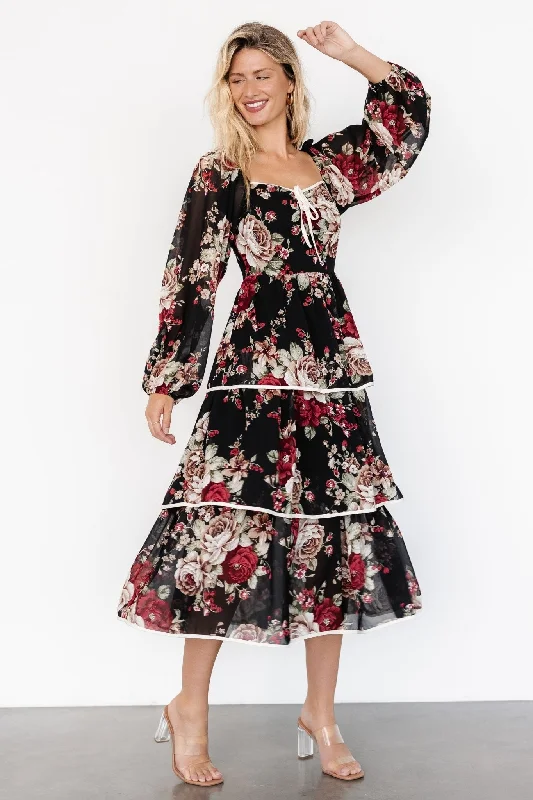 ladies-floral-dress-autumn-amber-Viviana Tiered Dress | Black Floral