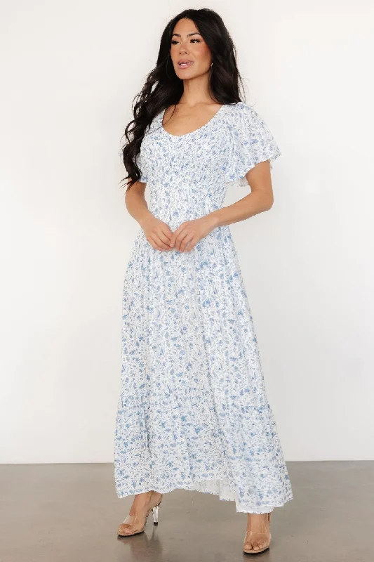 ladies-floral-dress-bright-bloom-Joanie Smocked Dress | White + Blue Floral