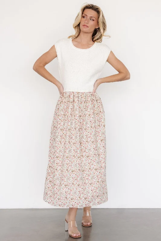 ladies-floral-dress-rich-rose-Myra Sweater Dress | Ivory + Coral Floral